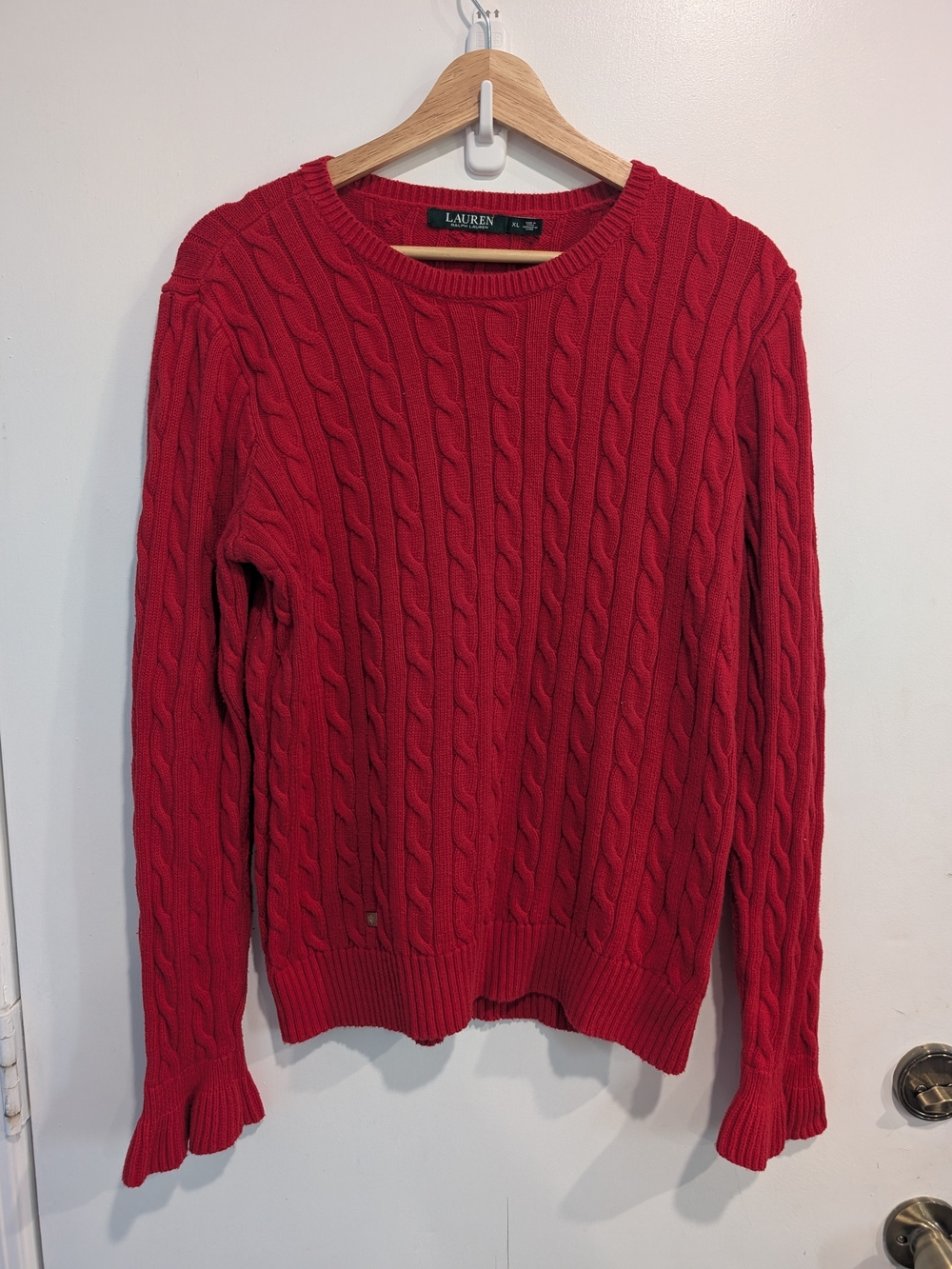 Lauren Ralph Lauren Red Cable Knit Crewneck Sweater Ruffle Sleeve Size XL
